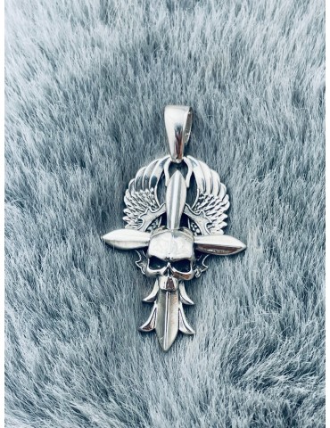 Kreuz mit Totenkopf und Flügeln Silber Anhänger Kreuz