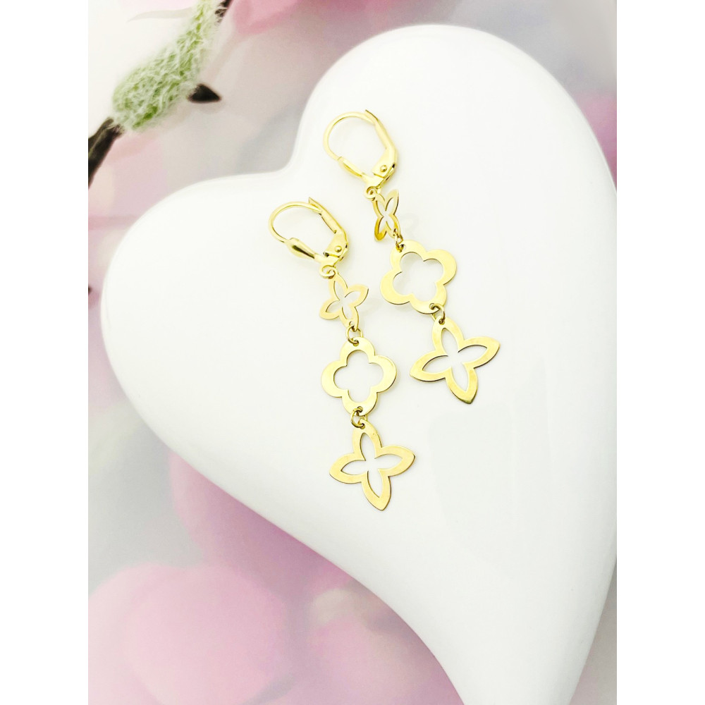 Złote kolczyki wiszące ażurowe kwiaty kwiatuszki