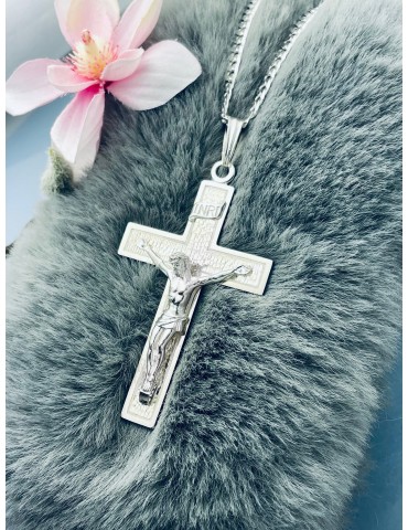 925 Silber Halskette mit Panzerkette und großes Kreuz mit Jesus