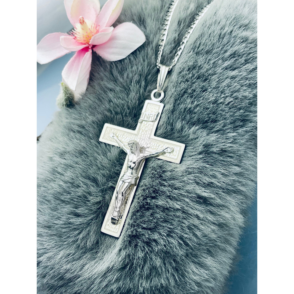 925 Silber Halskette mit Panzerkette und großes Kreuz mit Jesus