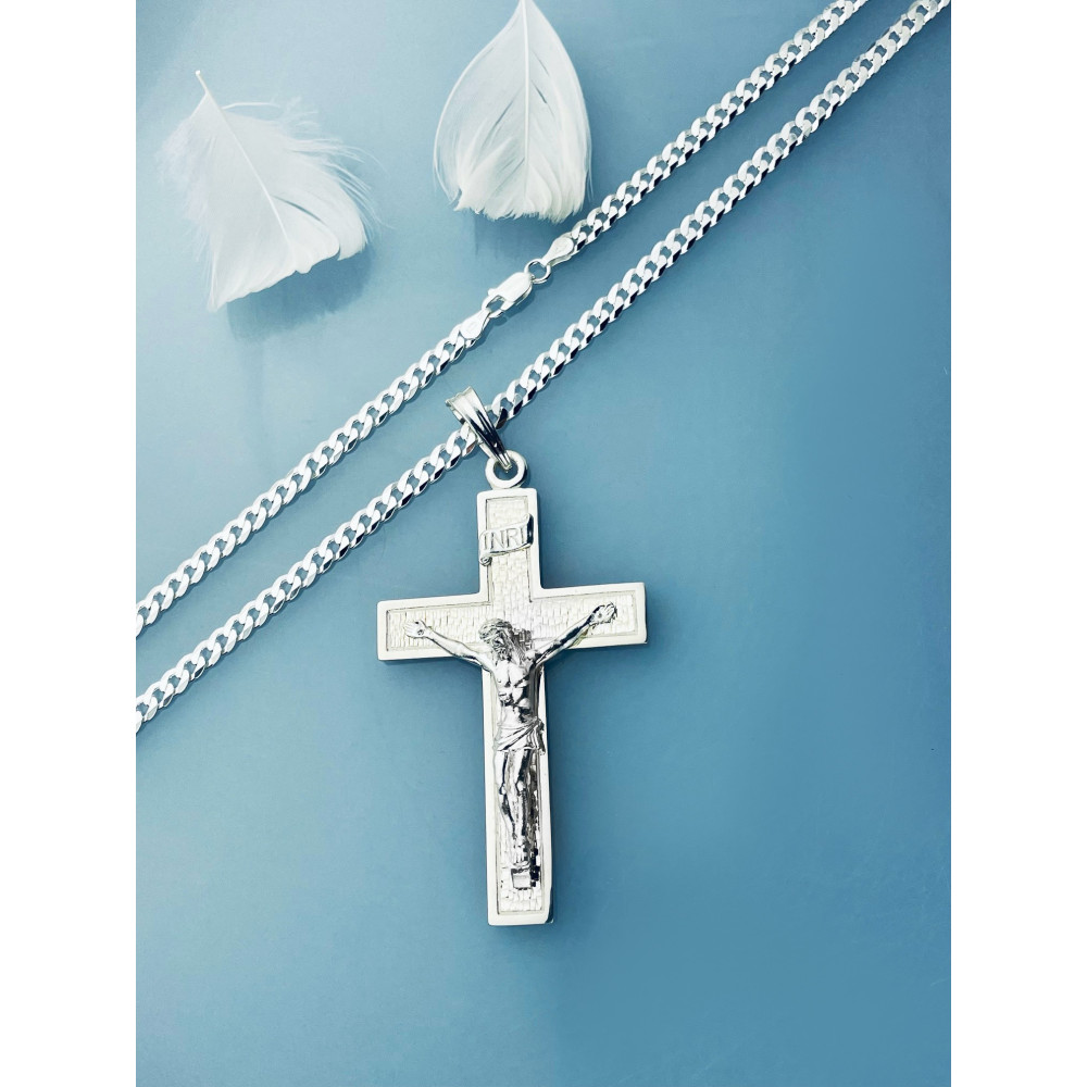 925 Silber Halskette mit Panzerkette und großes Kreuz mit Jesus