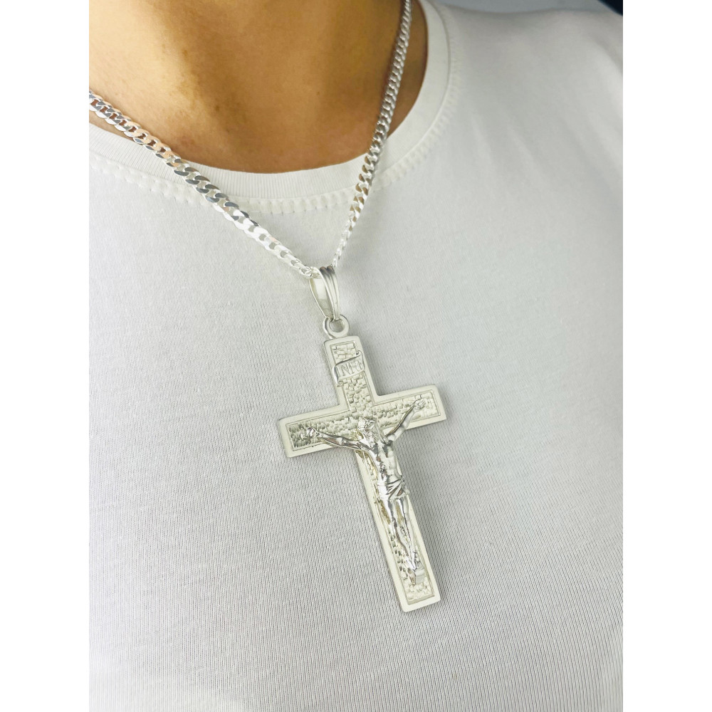 925 Silber Halskette mit Panzerkette und großes Kreuz mit Jesus