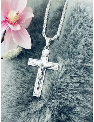 925 Silber Halskette mit Königskette und großes Kreuz mit Jesus