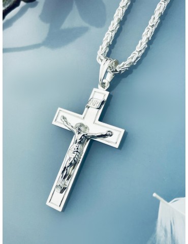 925 Silber Halskette mit Königskette und großes Kreuz mit Jesus