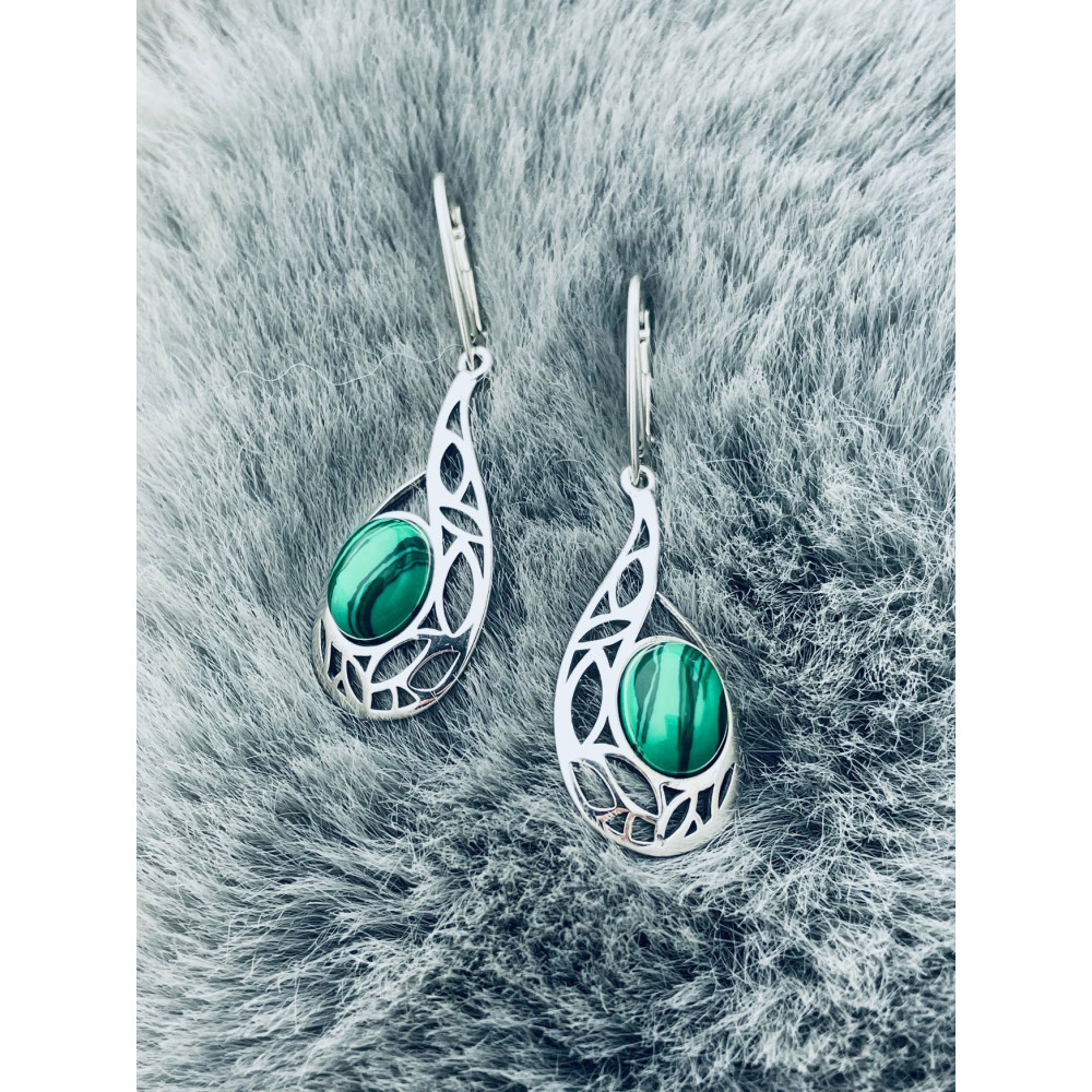 copy of Srebrne kolczyki wiszące krople łezki z zielonym malachitem