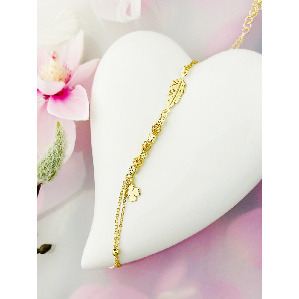 Kleeblatt und Feder Armband 925 Silber vergoldet Ankerkette