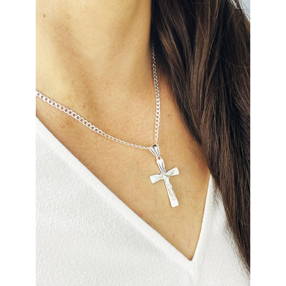 925 Silber Halskette mit Panzerkette und Anhänger Kreuz mit Jesus Erstkommunion Taufe