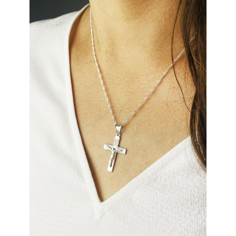 925 Silber Halskette mit Singapur Magic und Anhänger Kreuz mit Jesus Erstkommunion Taufe