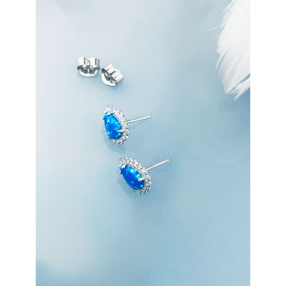 Srebrne kolczyki krople łezki z opalem i cyrkoniami błękitne karmazycja
