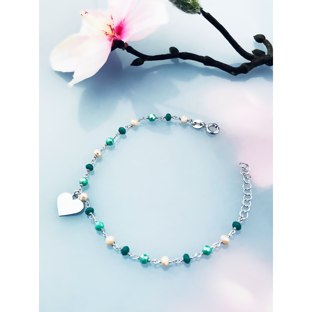 Silberarmband 925 mit grünen Natursteinen und herzförmigem Anhänger – verstellbar, Boho-Stil
