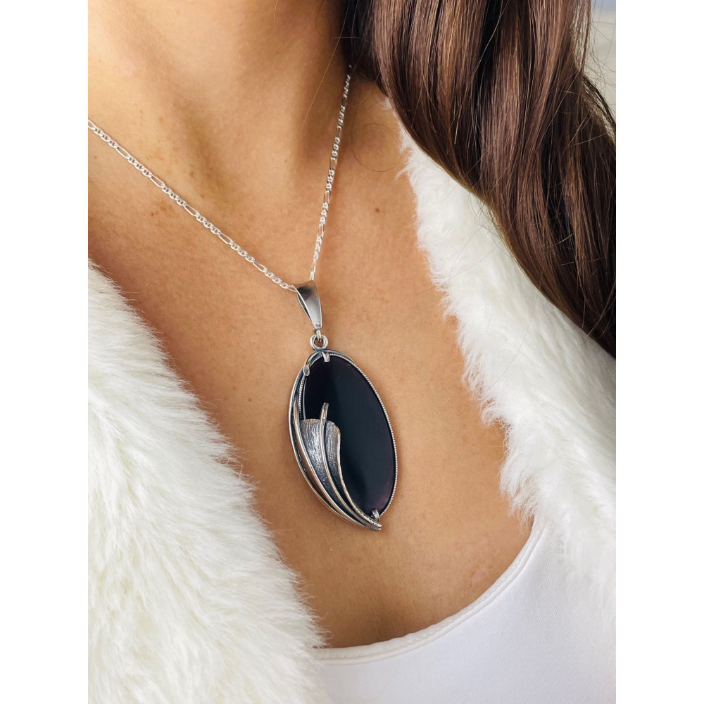 Oval 925 Silber Damen Medaillon Anhänger mit Pflaumenstein