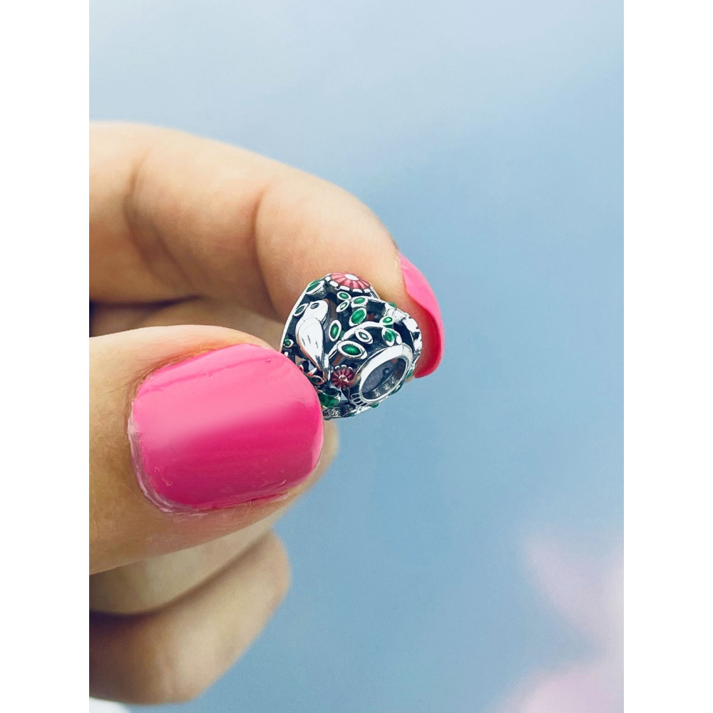 Srebrny koralik zawieszka charms serce ptaszek vintage