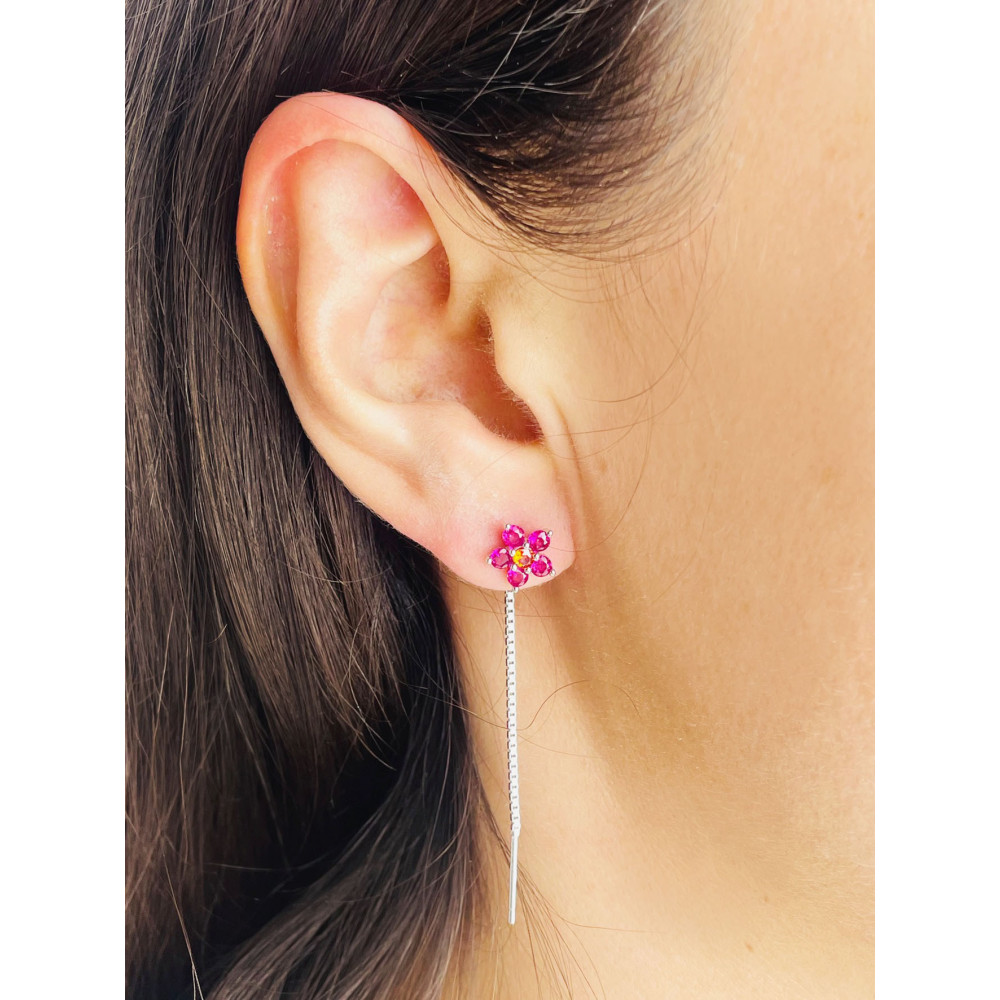 Srebrne kolczyki wiszące przewlekane kwiaty z cyrkoniami różowe