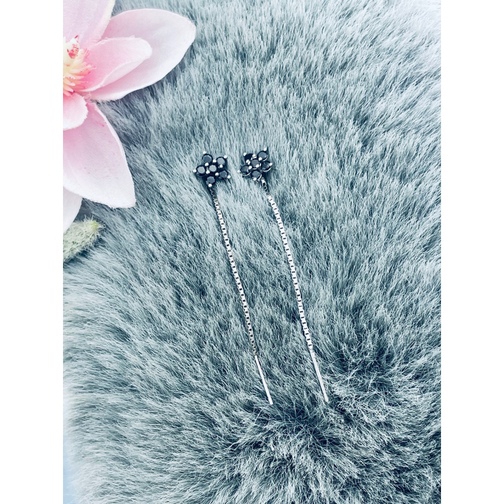 Blume 925 Silber Ohrringe mit schwarzer Stein