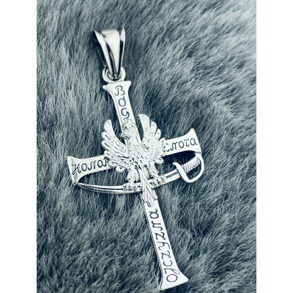 Srebrna zawieszka krzyżyk patriotyczny z orłem i szablą