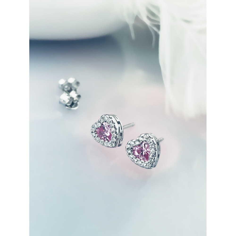925 Silber Ohrringe Ohrstecker Herz mit rosa Zirkonia