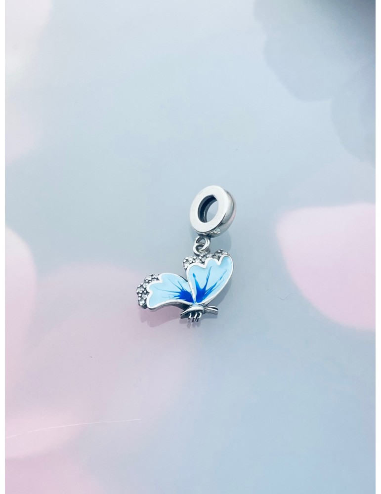 Srebrny koralik zawieszka charms z błękitny motyl z cyrkoniami Srebrny koralik zawieszka charms z błękitny motyl z cyrkoniami