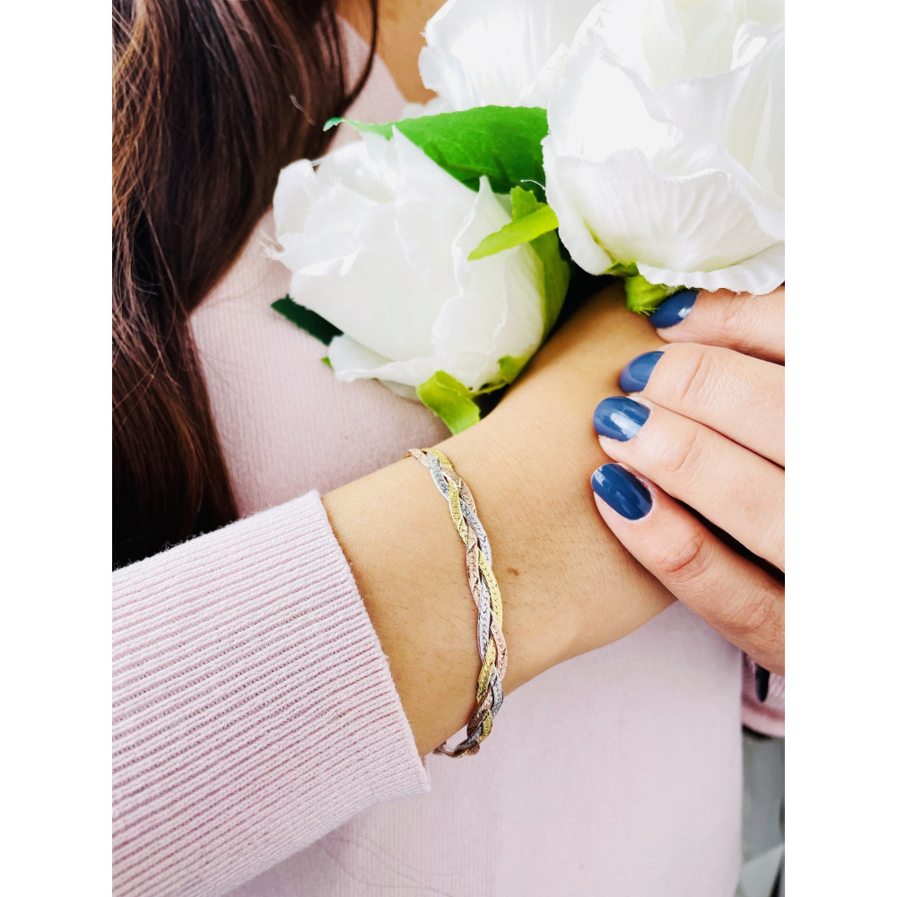 Srebrna bransoletka pleciona warkocz trikolor