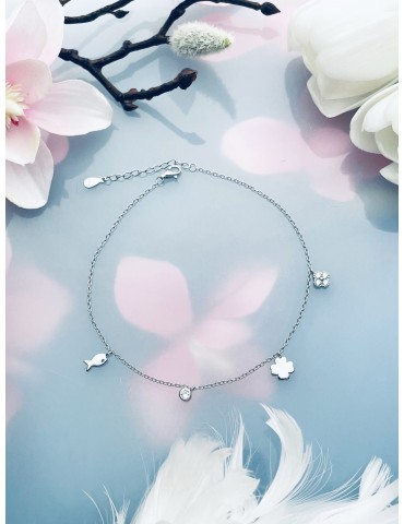 Blume Fisch Kleeblatt 925 Silber Bein Armband mit Zirkonia